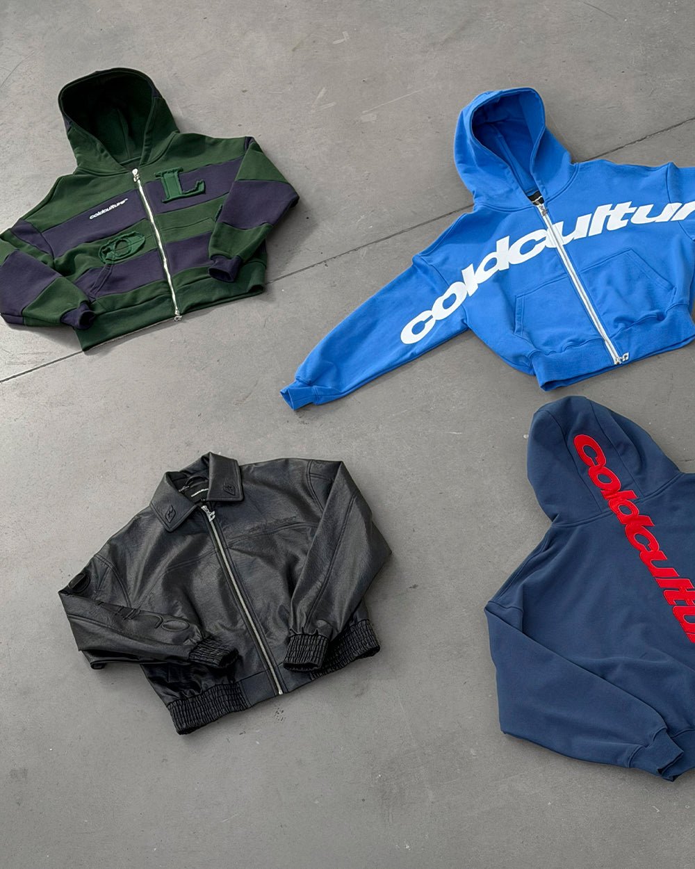 PUZZLE ZIP HOODIE GREEN & NAVY - green and navy striped zip-up hoodie, flat lay with matching pieces - Cold Culture