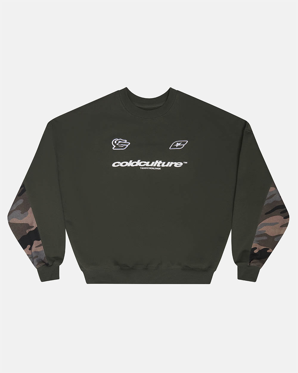 RACING CREWNECK CAMO GREY - grey camo crewneck sweatshirt, front view - Cold Culture #packshot