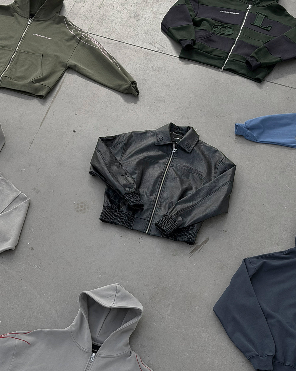 RACING JACKET BLACK - black leather jacket, flat lay with matching pieces - Cold Culture
