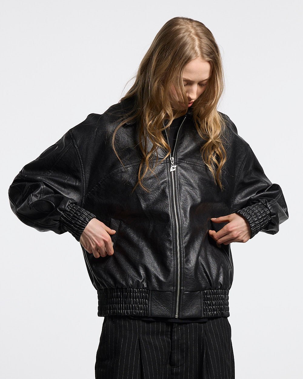 RACING JACKET BLACK - black leather jacket, front view on female model - Cold Culture #woman