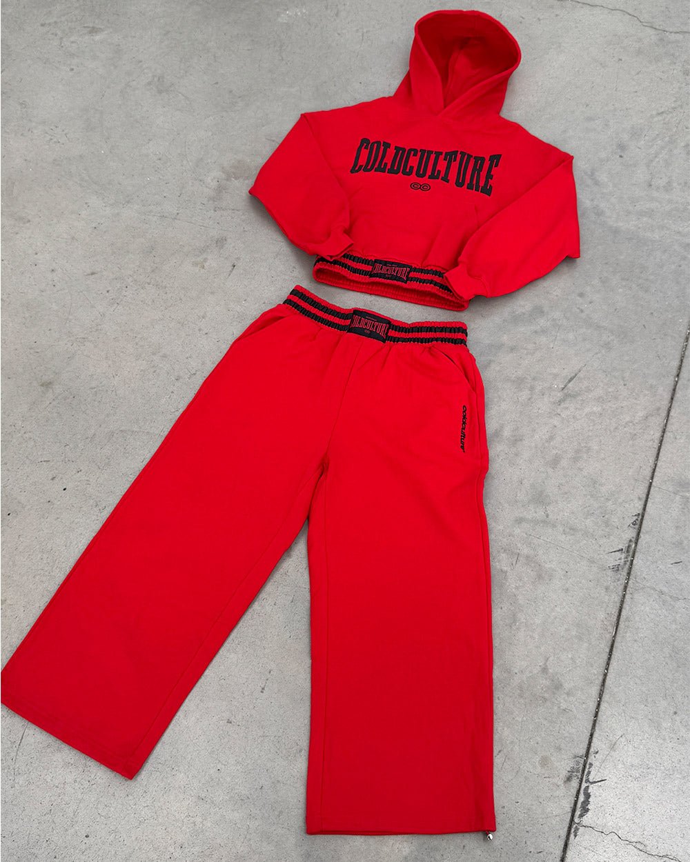 RAGE IN THE RING PANTS RED - red baggy sweatpants, flat lay with matching pieces - Cold Culture