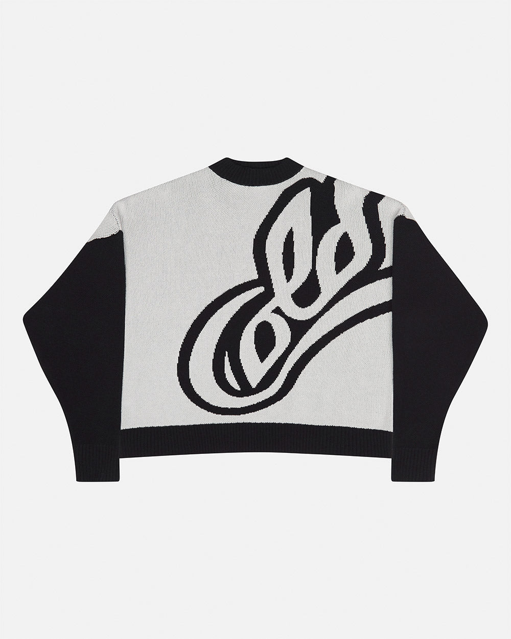 RAGE KNIT GREY - grey and black script knit sweater, front view - Cold Culture #packshot