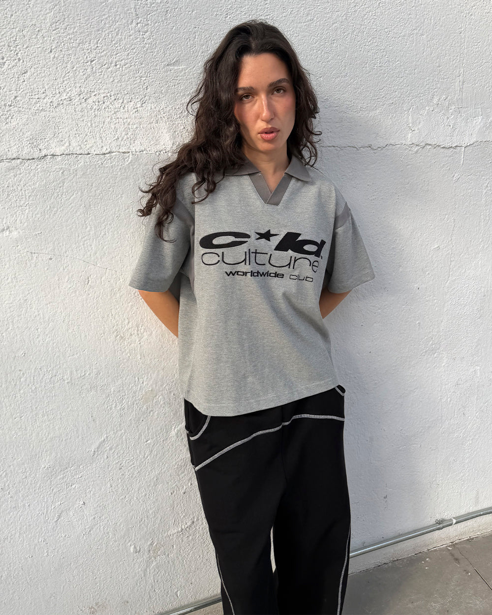 RAW CITY POLO GREY - heather grey polo shirt, street style shot - Cold Culture #woman
