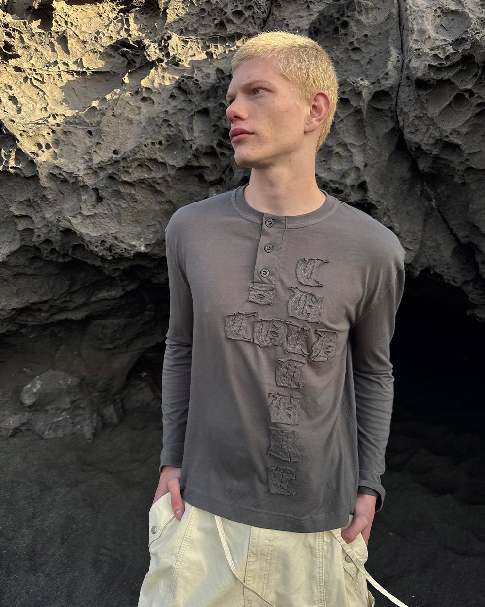 RAW STATE LONGSLEEVE GREY - grey henley longsleeve tee, street style shot - Cold Culture