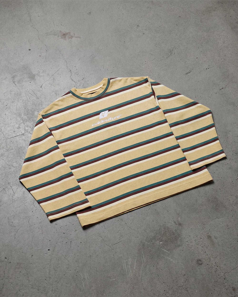 RAY CURVED LONGSLEEVE YELLOW & BROWN - yellow striped longsleeve tee, flat lay - Cold Culture