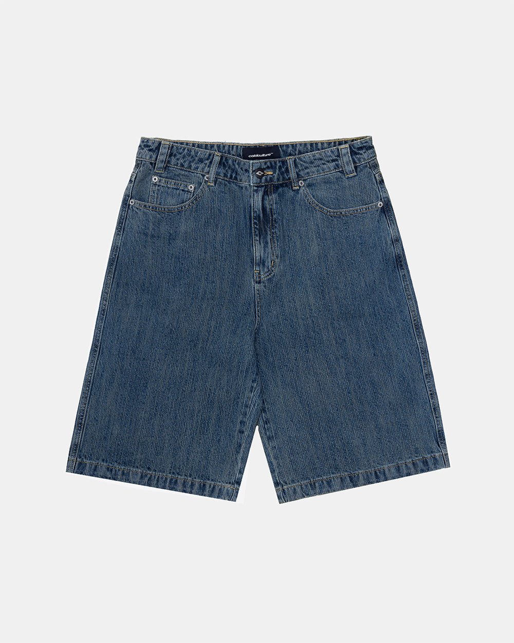 RELIC SHORTS DARK BLUE - washed blue denim shorts, front view - Cold Culture #packshot