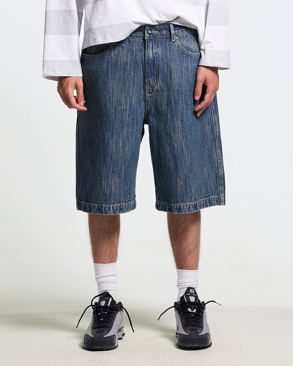 RELIC SHORTS DARK BLUE - washed blue denim shorts, front view on male model - Cold Culture