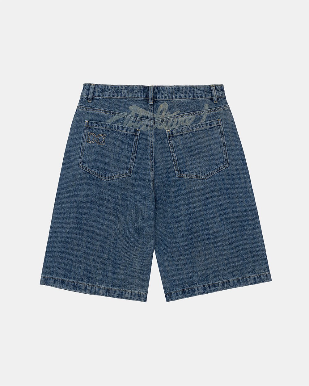 RELIC SHORTS DARK BLUE - washed blue denim shorts, back view - Cold Culture #woman