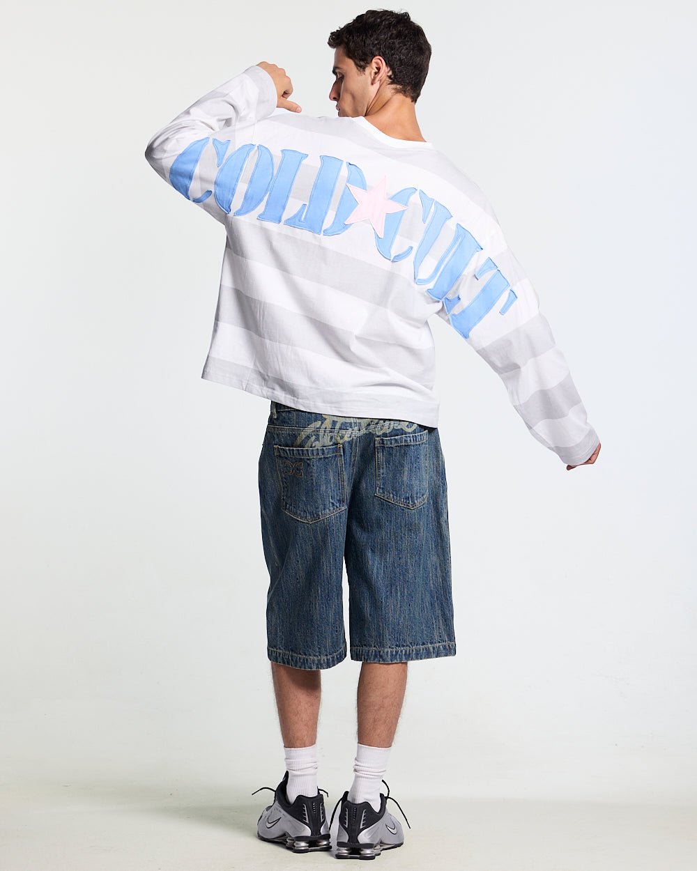 RELIC SHORTS DARK BLUE - washed blue denim shorts, back view on male model - Cold Culture #man