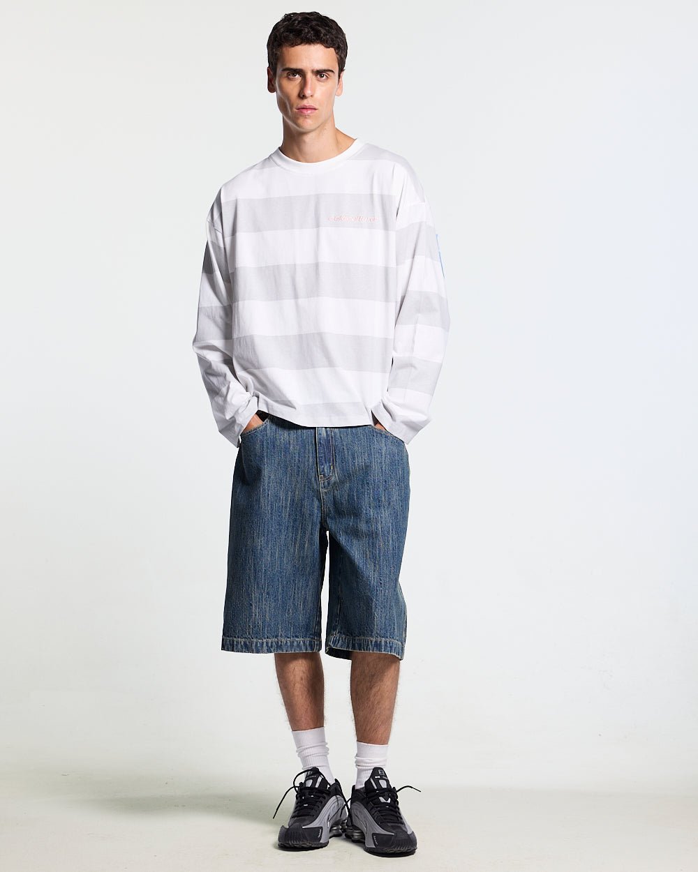 RELIC SHORTS DARK BLUE - washed blue denim shorts, front view on male model - Cold Culture #man