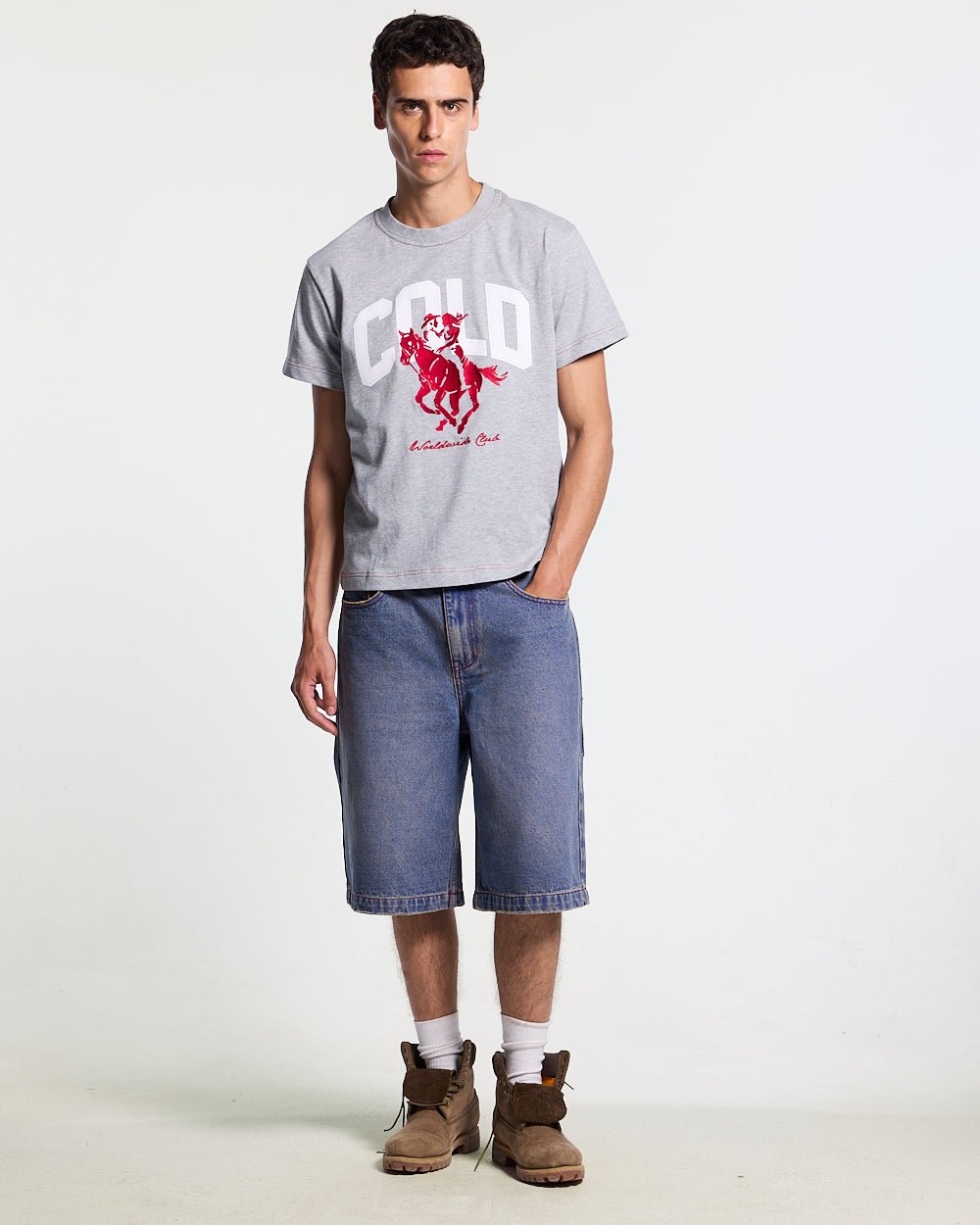 REVIVAL V2 SHORTS MEDIUM DENIM - blue washed denim shorts, front view on male model - Cold Culture #man