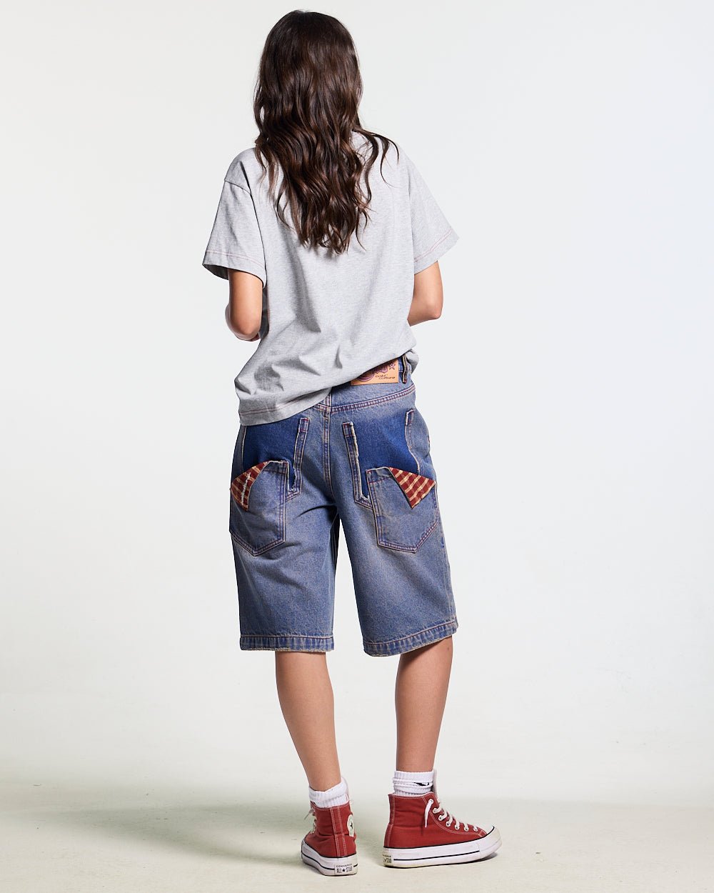 REVIVAL V2 SHORTS MEDIUM DENIM - blue washed denim shorts, back view on female model - Cold Culture #woman
