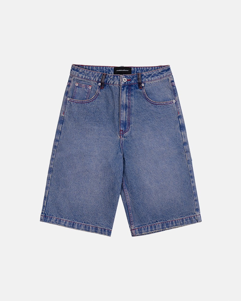 REVIVAL V2 SHORTS MEDIUM DENIM - blue washed denim shorts, front view - Cold Culture #packshot
