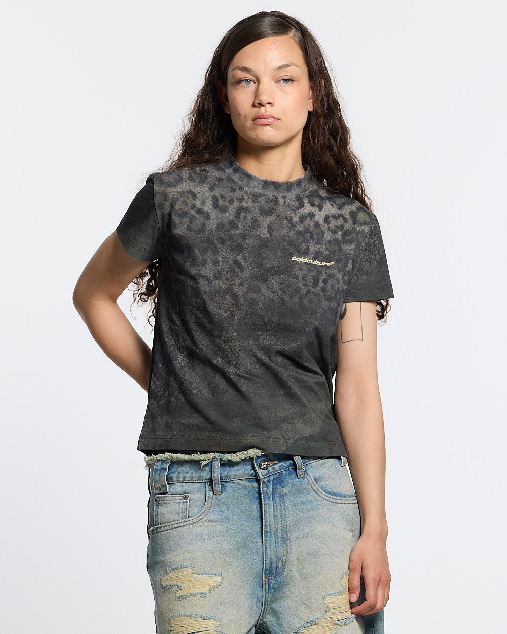 RICH FARMER TEE LEOPARD - washed leopard print tee, front view on female model - Cold Culture #woman