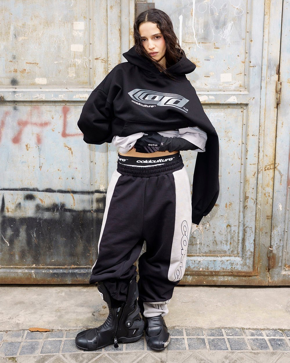 RIDER SWEATPANTS BLACK & GREY - black and grey paneled sweatpants, street style shot - Cold Culture #woman