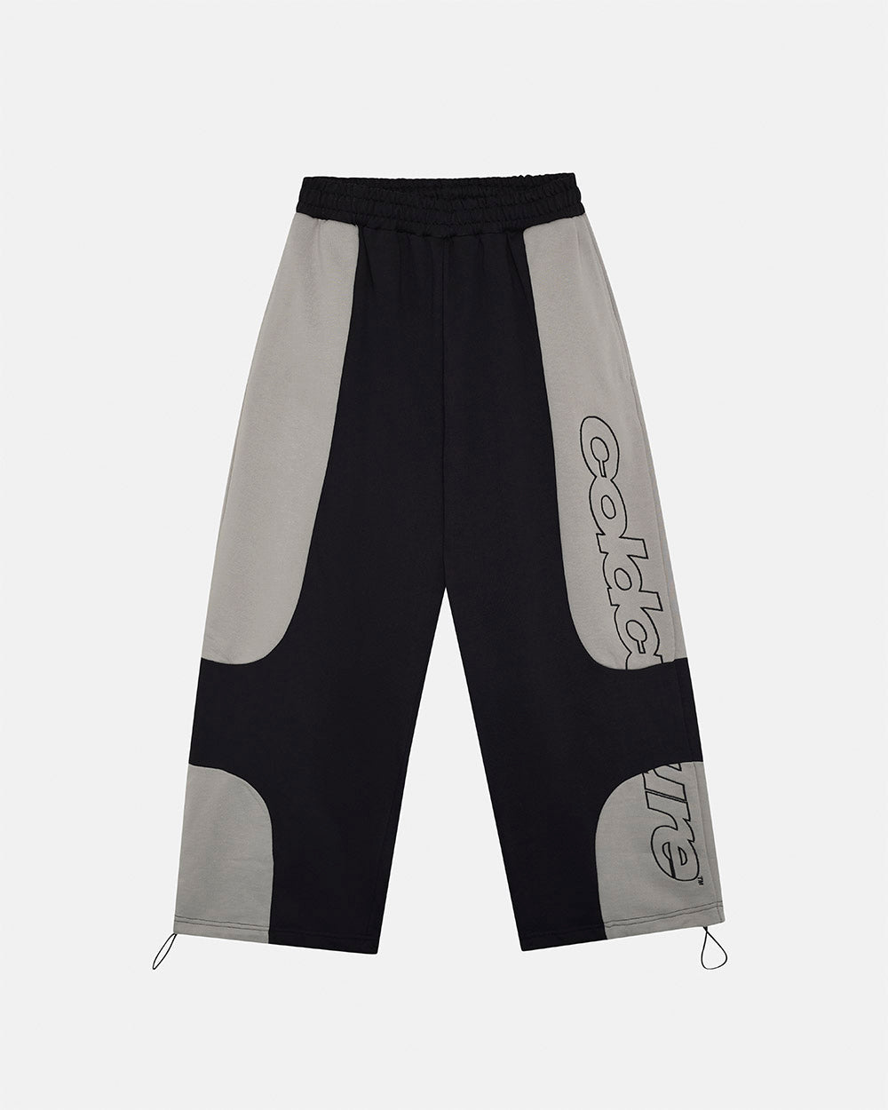 RIDER SWEATPANTS BLACK & GREY - black and grey paneled sweatpants, front view - Cold Culture #packshot