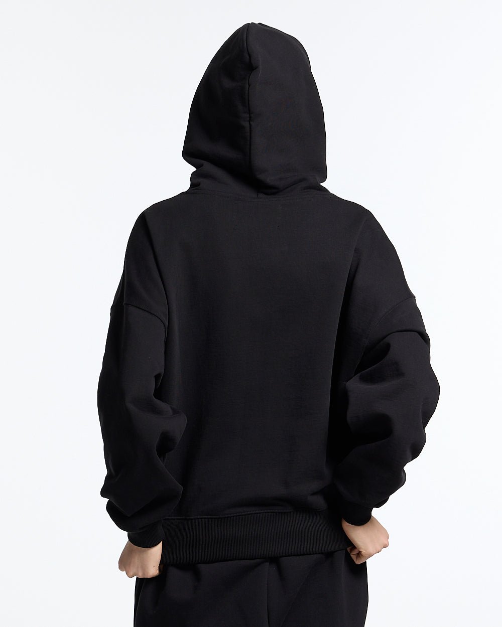 RIDING CLUB HOODIE BLACK - black embroidered hoodie, back view on female model - Cold Culture