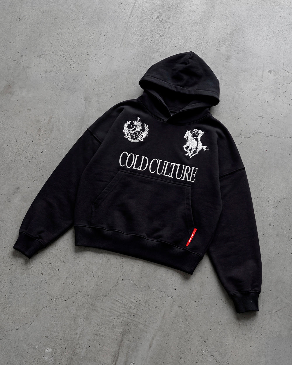 RIDING CLUB HOODIE BLACK - black embroidered hoodie, flat lay - Cold Culture