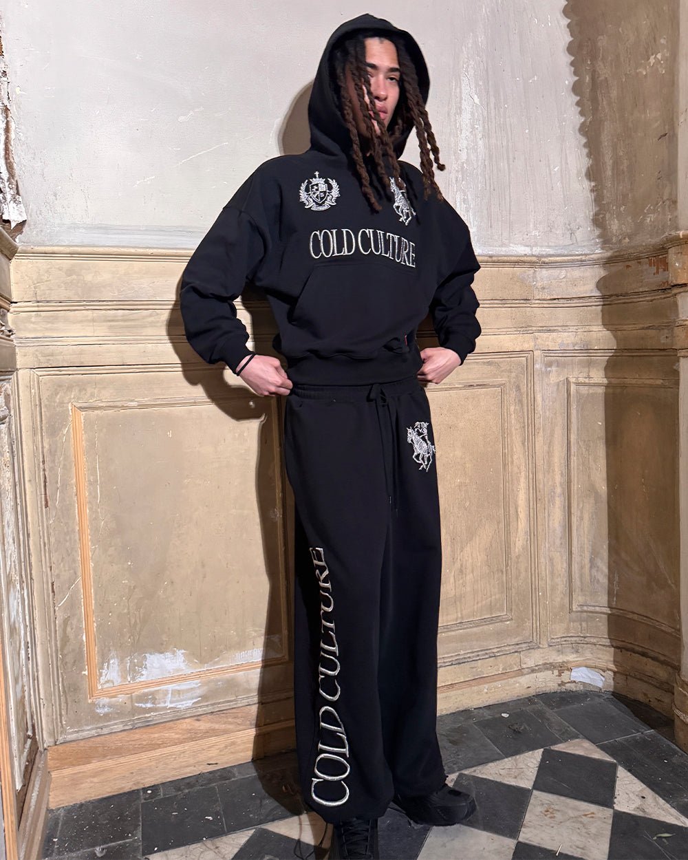 RIDING CLUB HOODIE BLACK - black embroidered hoodie, street style shot - Cold Culture
