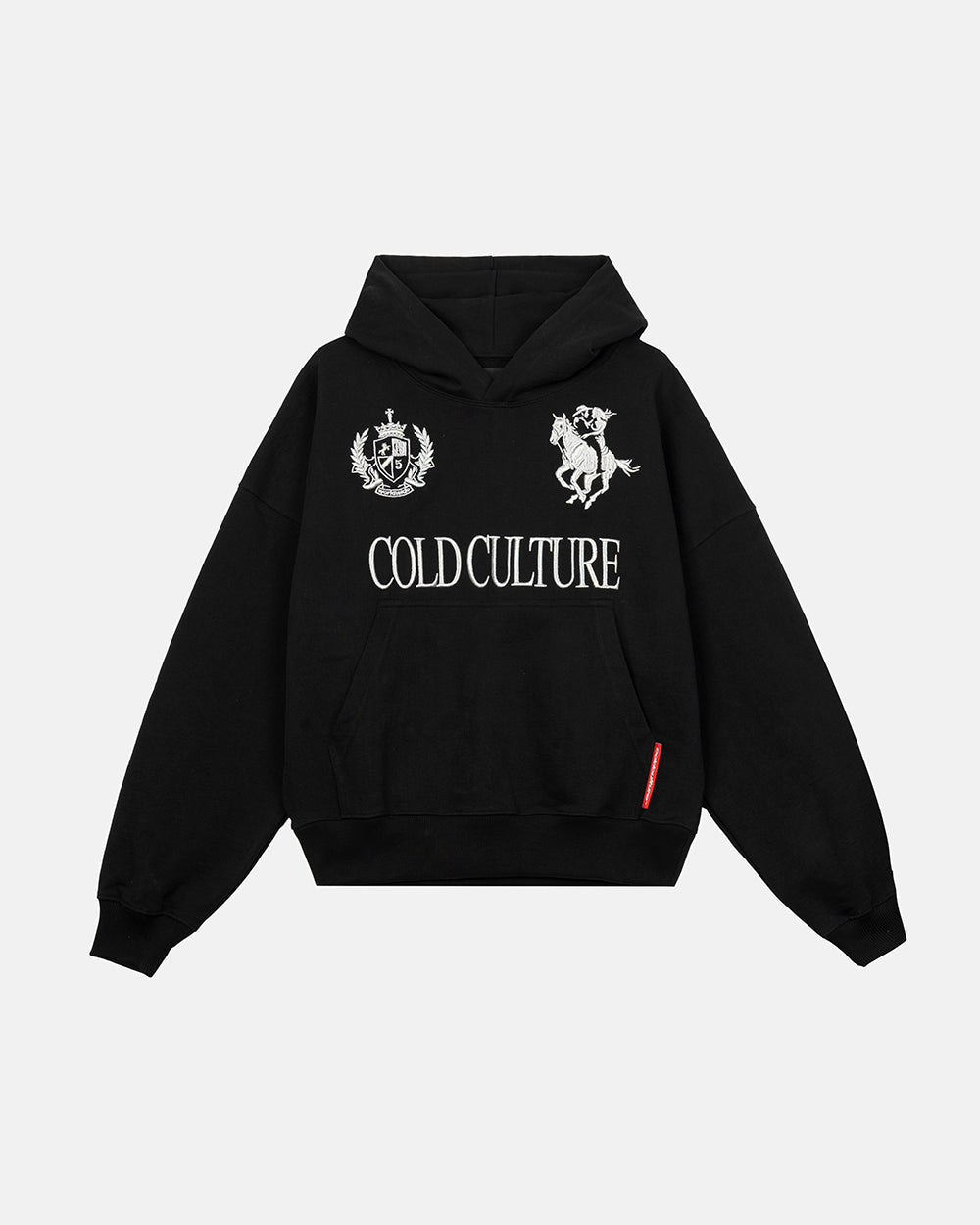 RIDING CLUB HOODIE BLACK - black embroidered hoodie, front view - Cold Culture #packshot