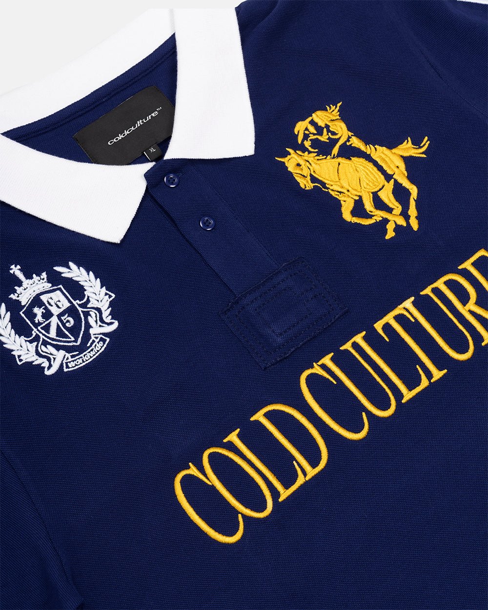 RIDING CLUB POLO NAVY - navy embroidered polo shirt, detail close-up - Cold Culture