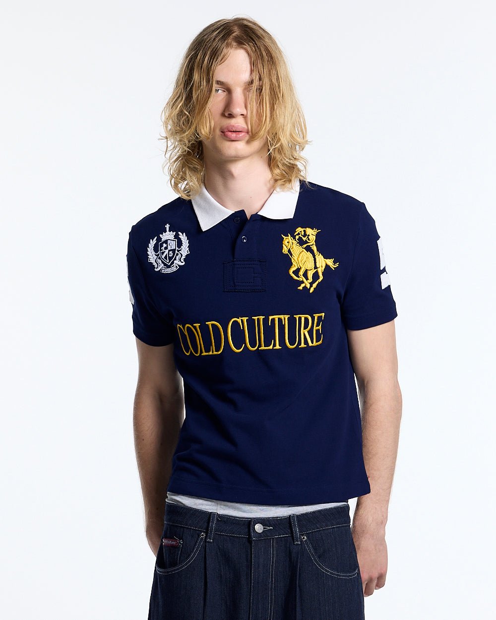 RIDING CLUB POLO NAVY - navy embroidered polo shirt, front view on male model - Cold Culture #man