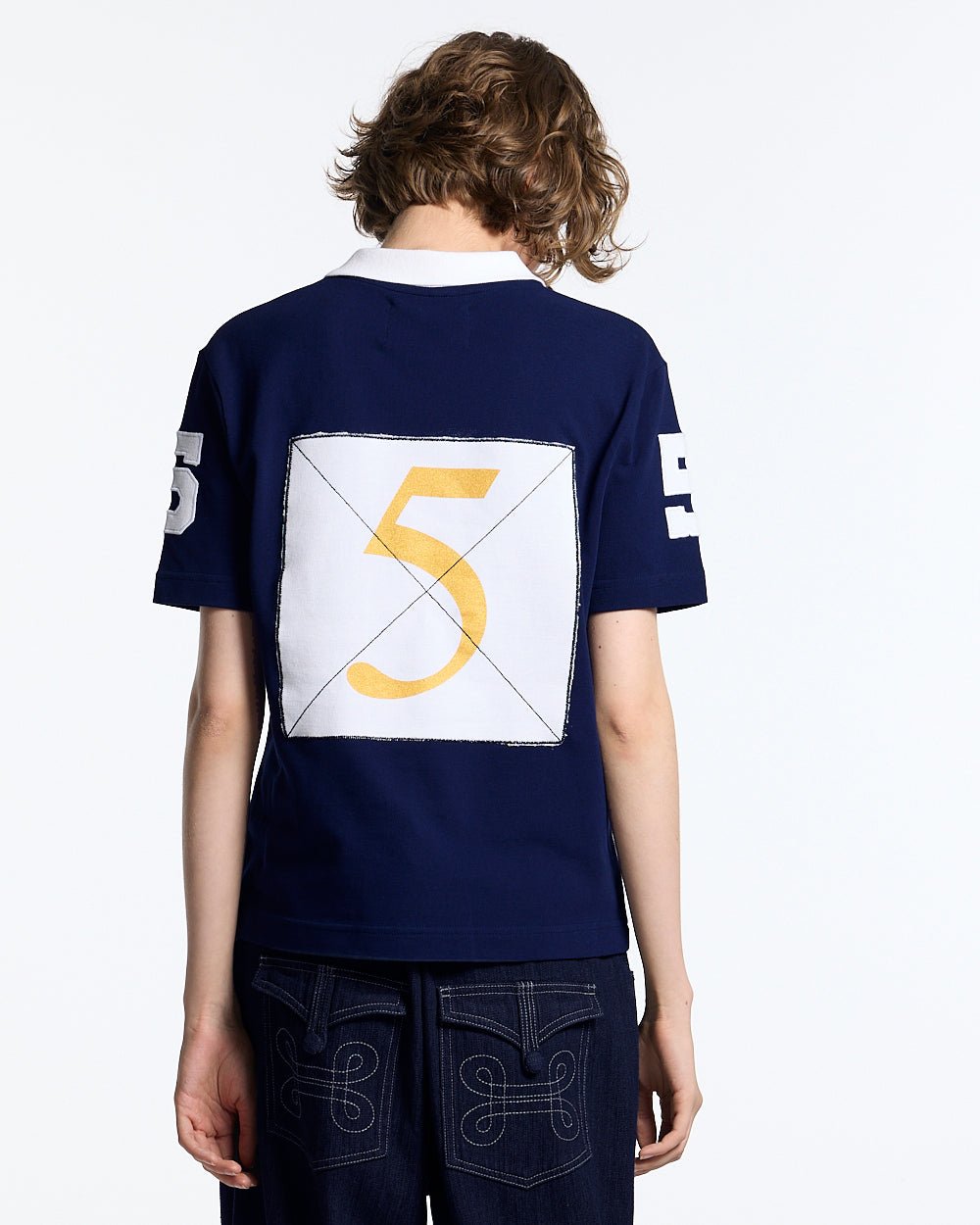 RIDING CLUB POLO NAVY - navy embroidered polo shirt, back view on female model - Cold Culture #woman