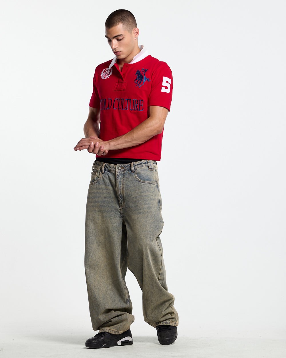 RIDING CLUB POLO RED - red embroidered polo shirt, front view on male model - Cold Culture #man