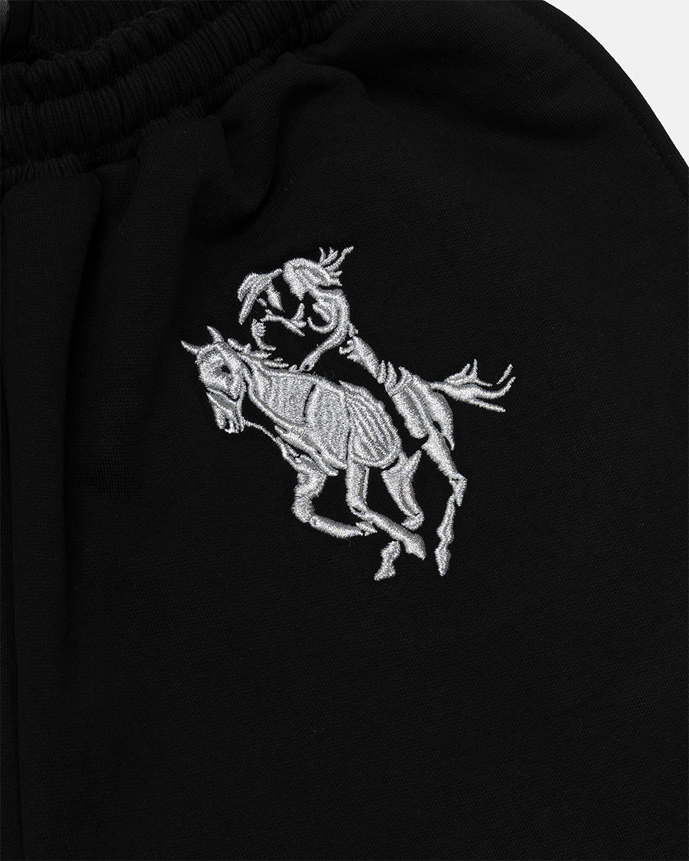 RIDING CLUB SWEATPANTS BLACK - black embroidered sweatpants, detail close-up - Cold Culture
