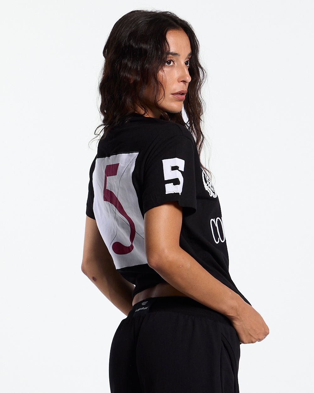 RIDING CLUB TEE BLACK - black polo rider print tee, side view - Cold Culture #woman