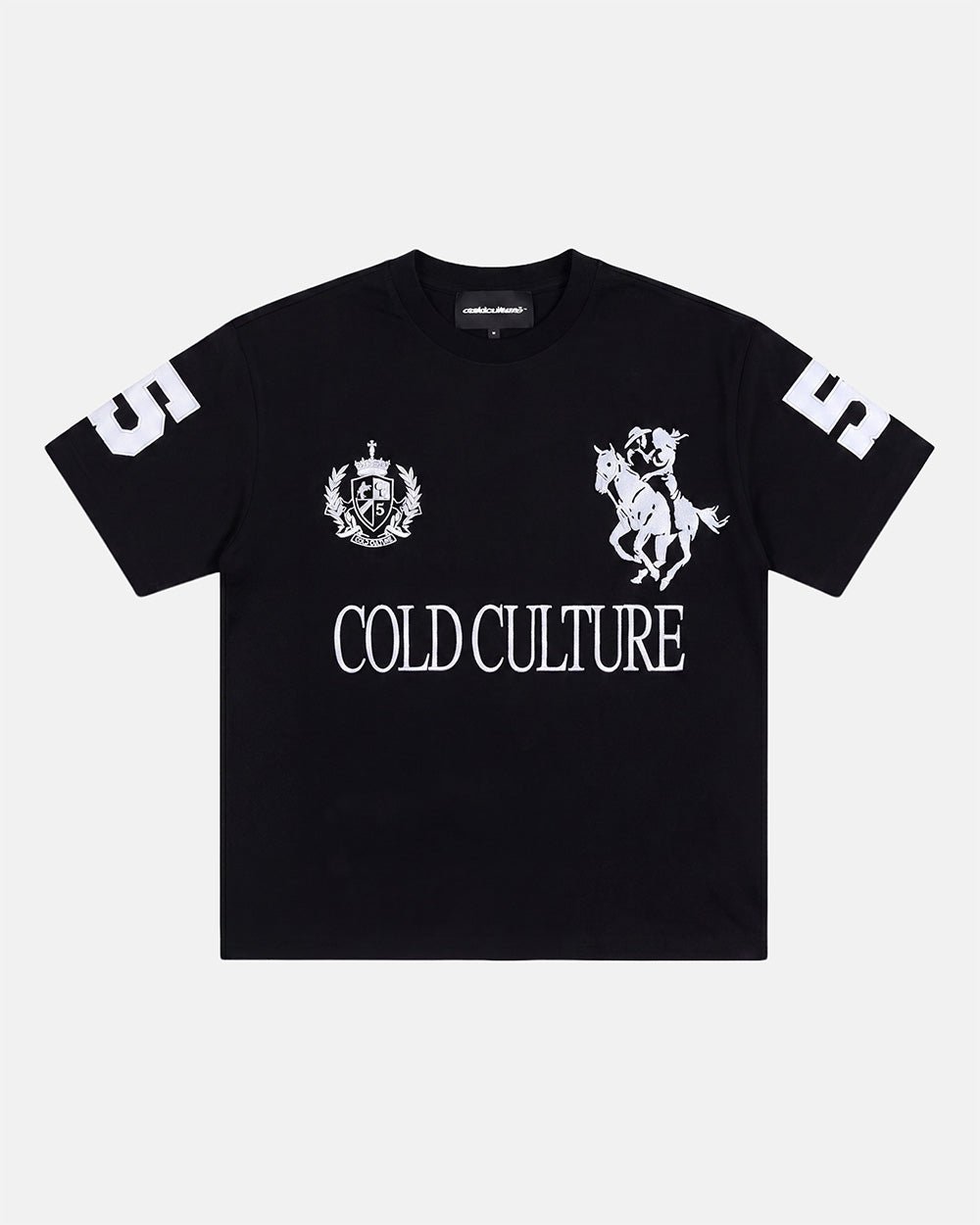 RIDING CLUB TEE BLACK - black polo rider print tee, front view - Cold Culture #packshot