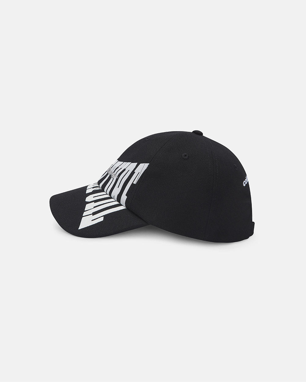 RIOT CAP BLACK - black logo print cap, side view - Cold Culture #packshot