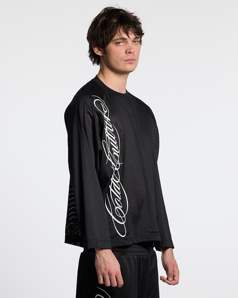RIOT MESH LONGSLEEVE BLACK - black mesh longsleeve tee, front view on male model - Cold Culture #man