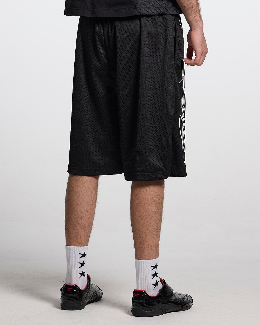 RIOT MESH SHORT BLACK - black mesh shorts, back view on male model - Cold Culture