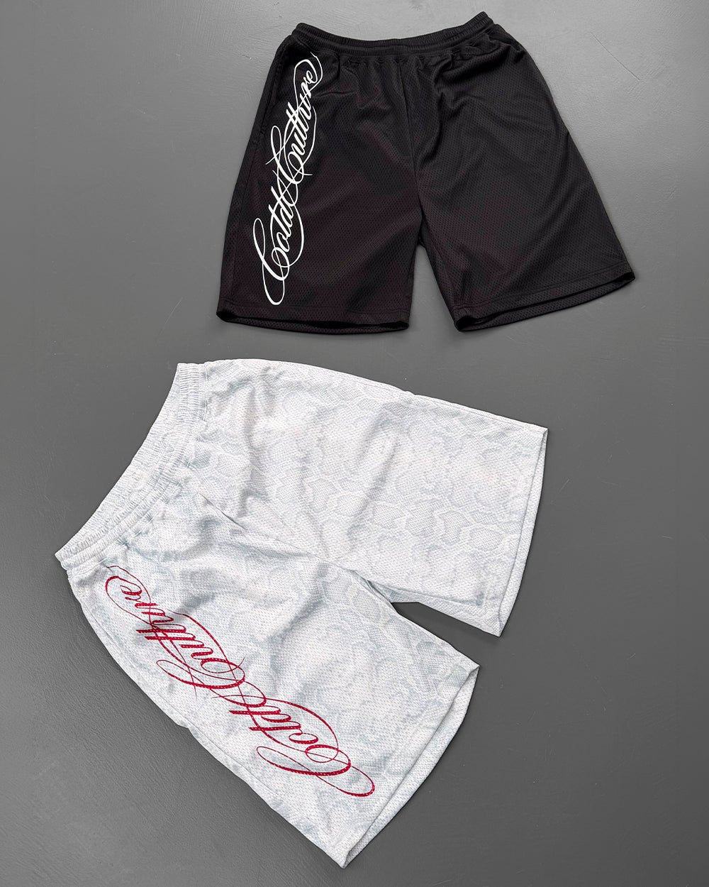 RIOT MESH SHORT WHITE - white snake print mesh shorts, flat lay with matching pieces - Cold Culture