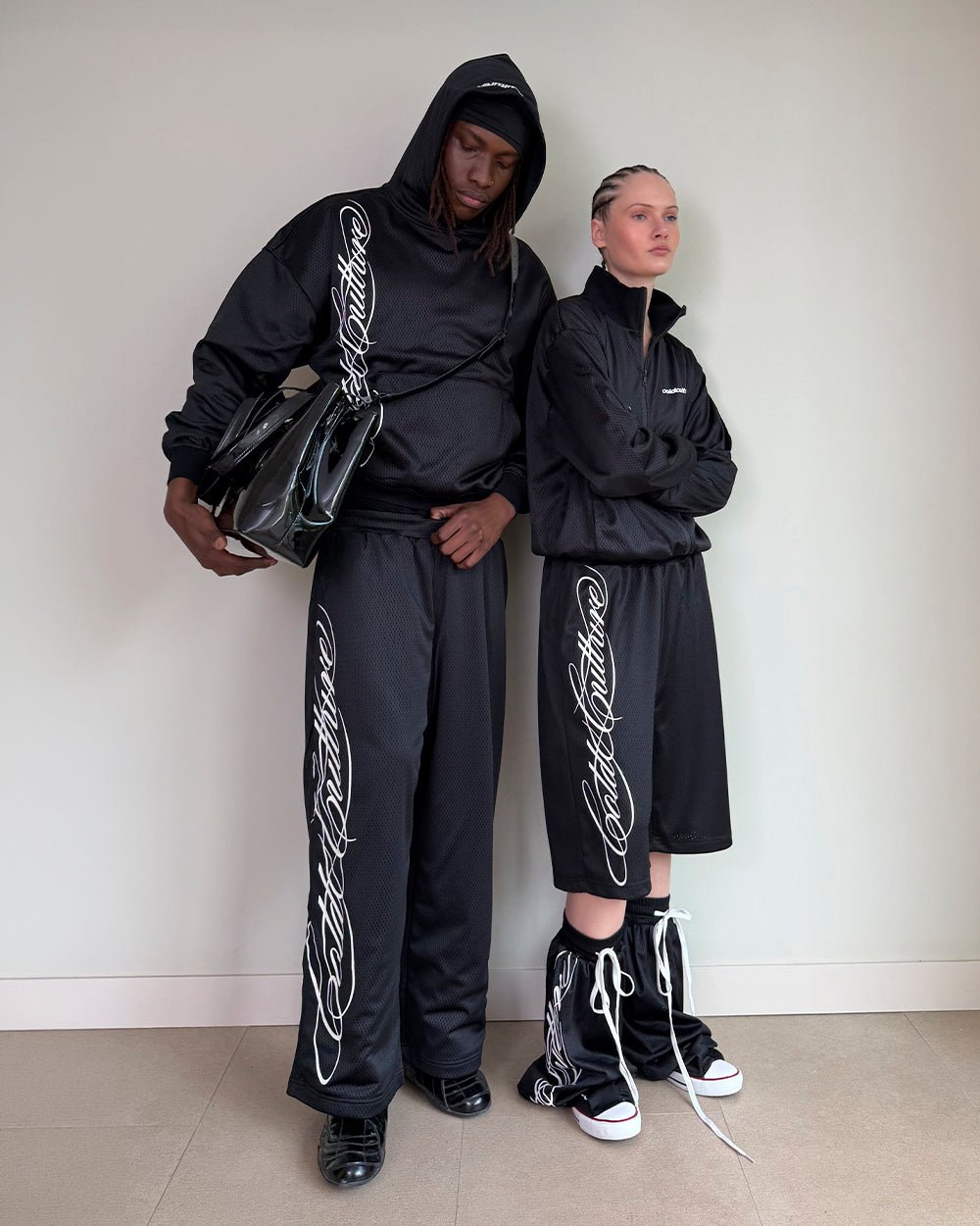 RIOT MESH SWEATPANTS BLACK - black mesh sweatpants, street style shot - Cold Culture #woman