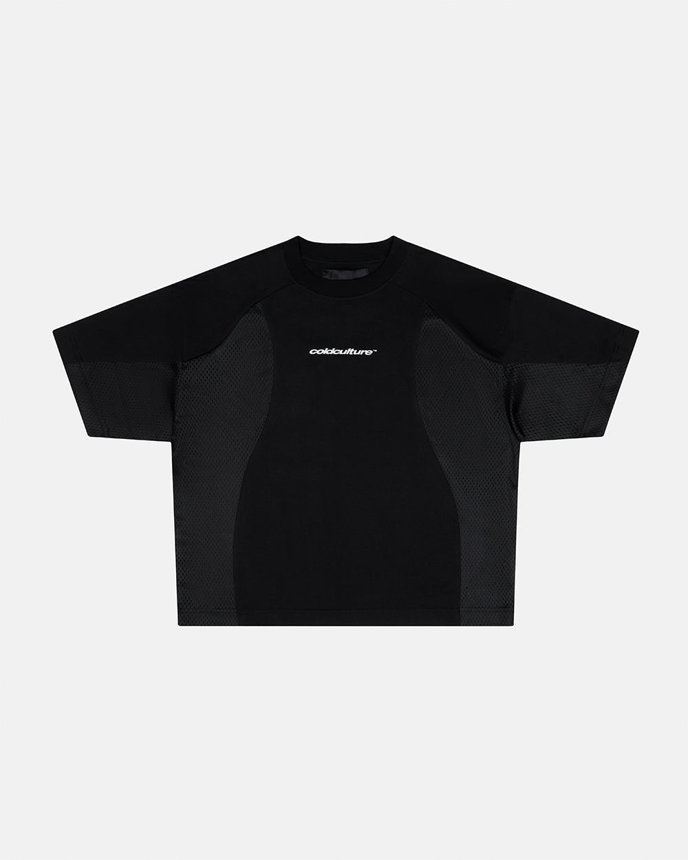 RIOT MESH TEE BLACK - black mesh panel tee, front view - Cold Culture #packshot