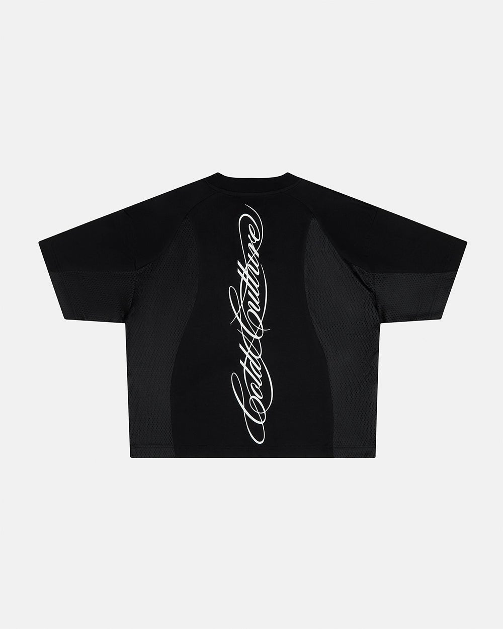 RIOT MESH TEE BLACK - black mesh panel tee, back view - Cold Culture #packshot