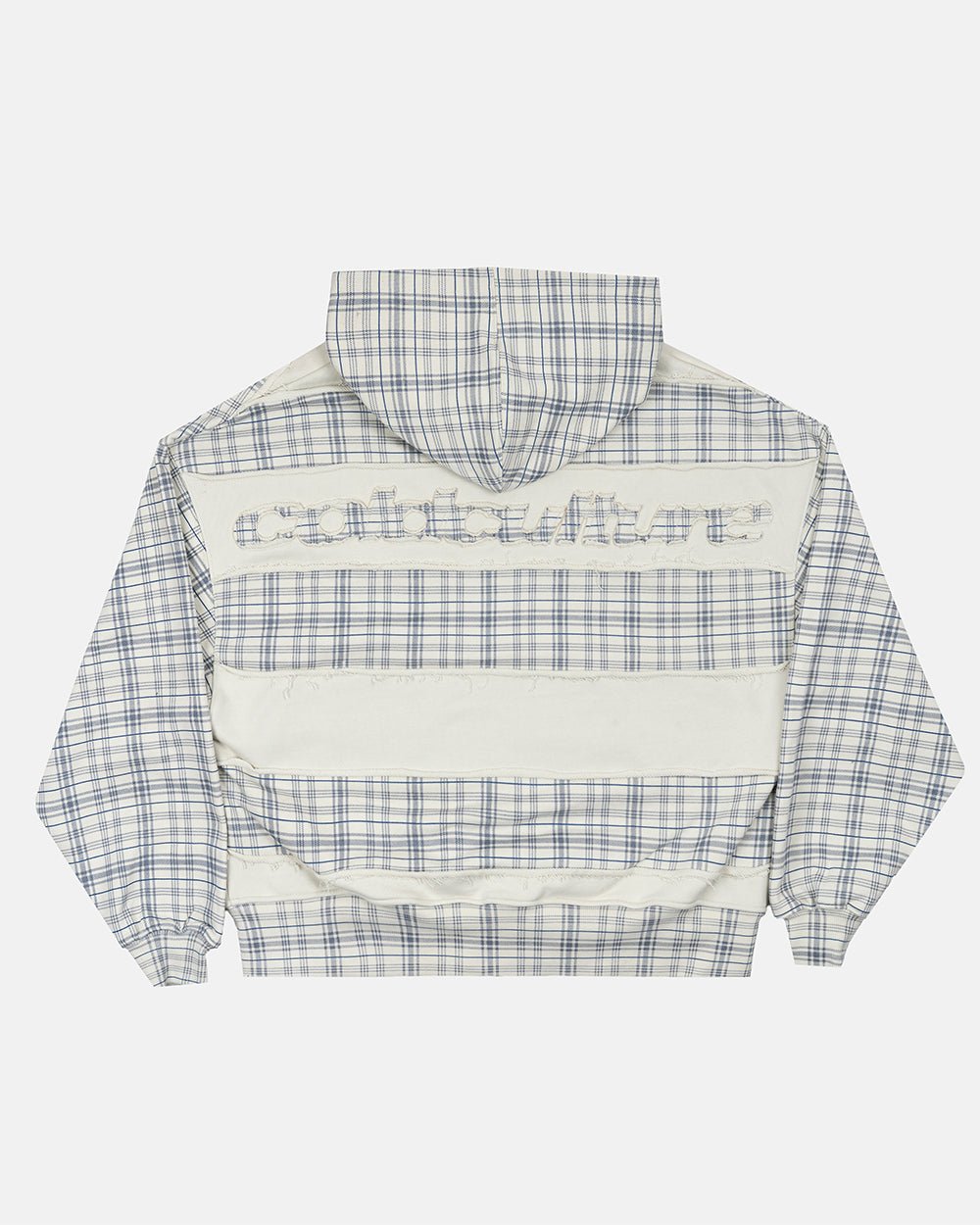 RIPPED ZIP HOODIE WHITE - off-white plaid zip-up hoodie, back view - Cold Culture #packshot