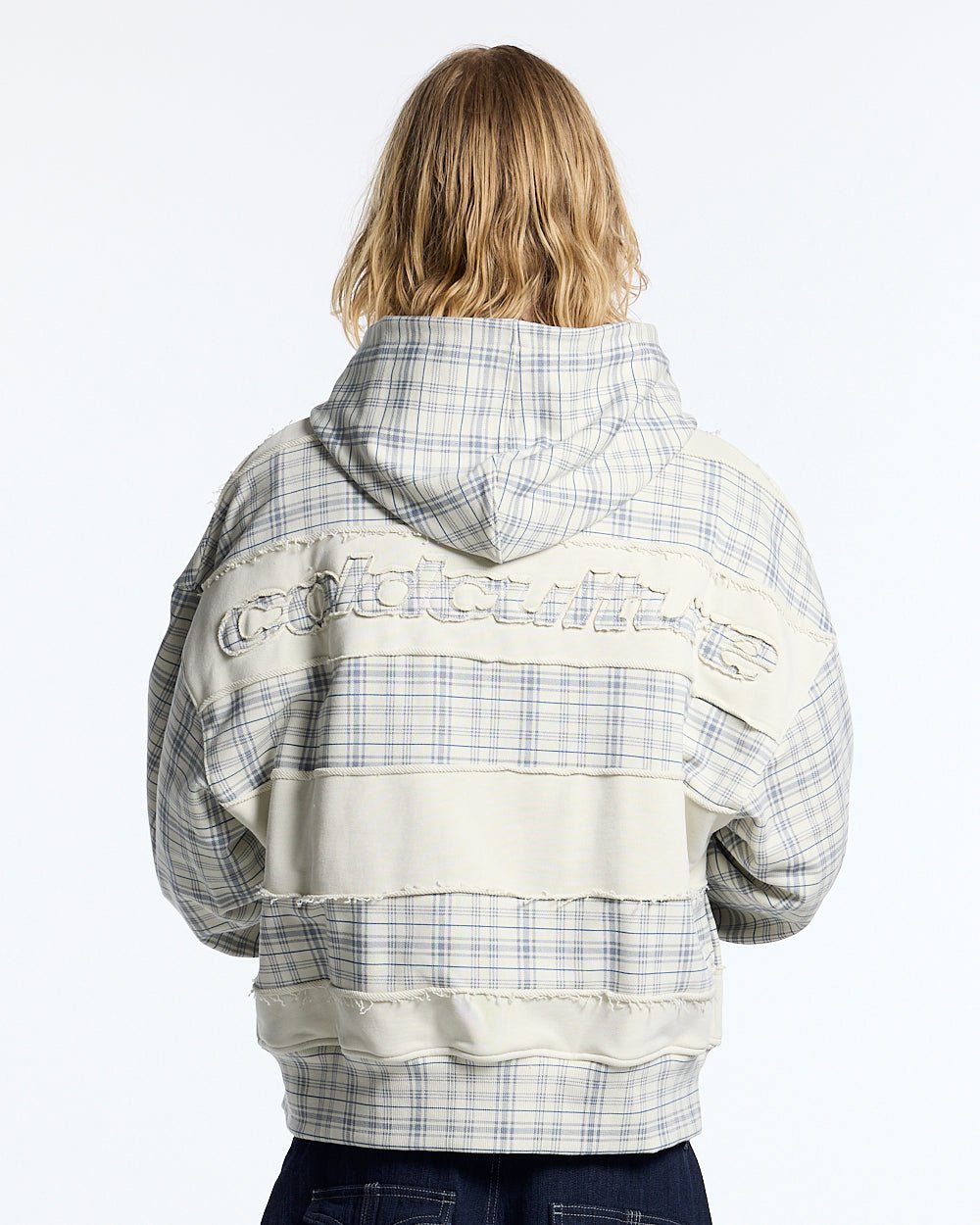 RIPPED ZIP HOODIE WHITE - off-white plaid zip-up hoodie, back view on male model - Cold Culture