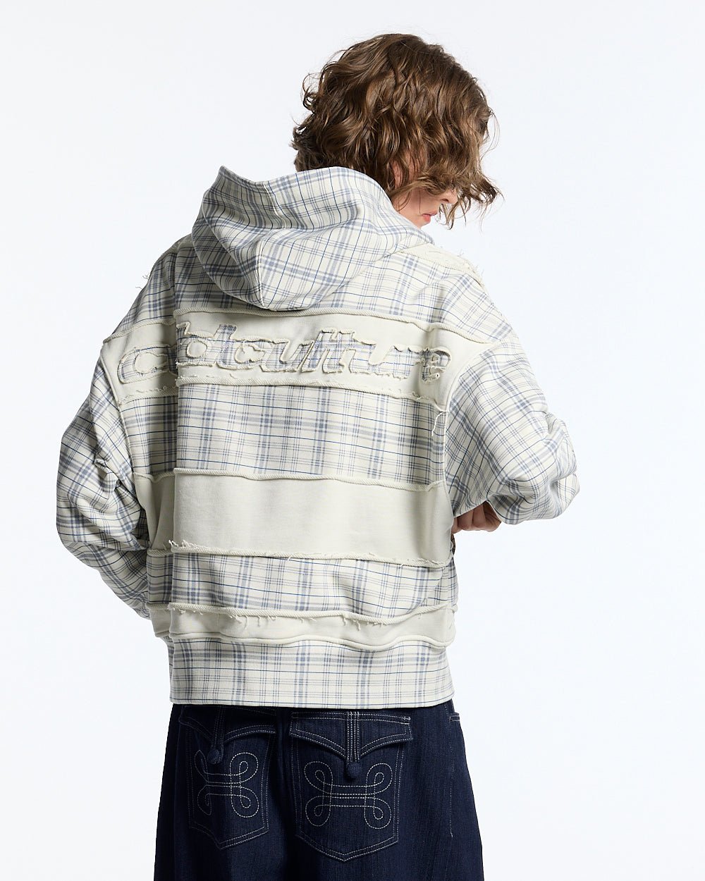 RIPPED ZIP HOODIE WHITE - off-white plaid zip-up hoodie, back view on female model - Cold Culture #woman