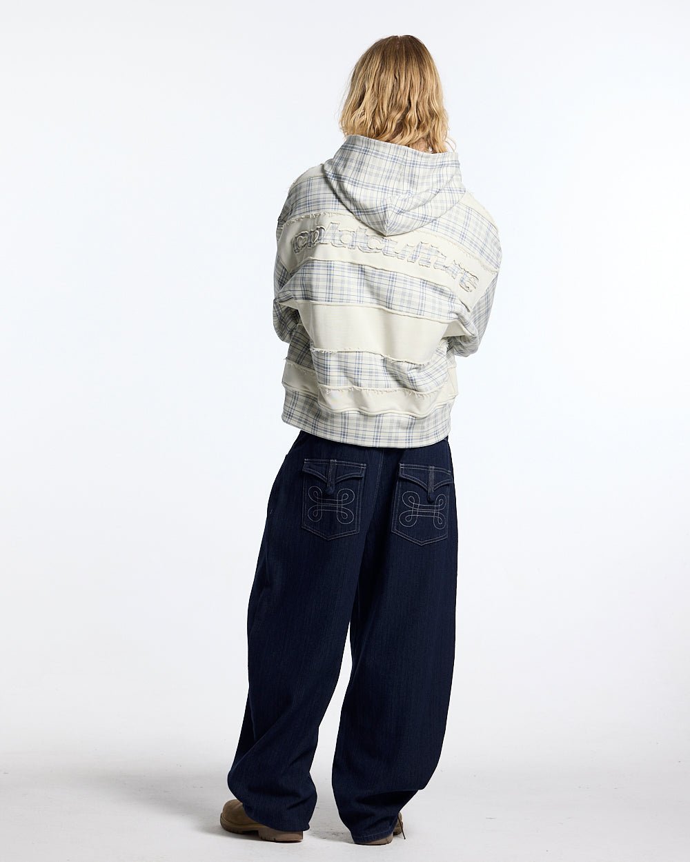 RIPPED ZIP HOODIE WHITE - off-white plaid zip-up hoodie, back view on male model - Cold Culture