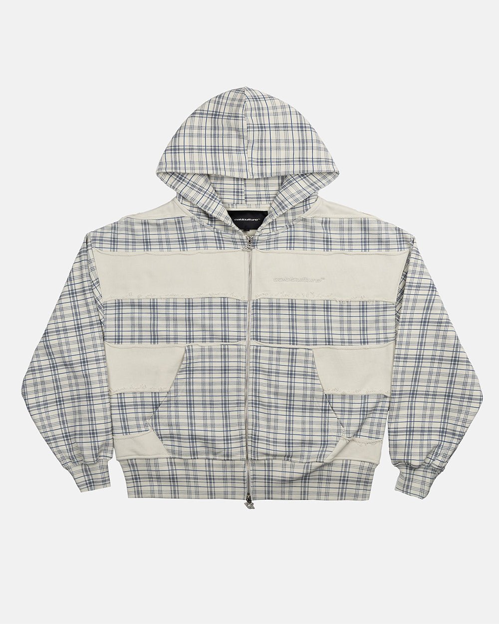 RIPPED ZIP HOODIE WHITE - off-white plaid zip-up hoodie, front view - Cold Culture #packshot