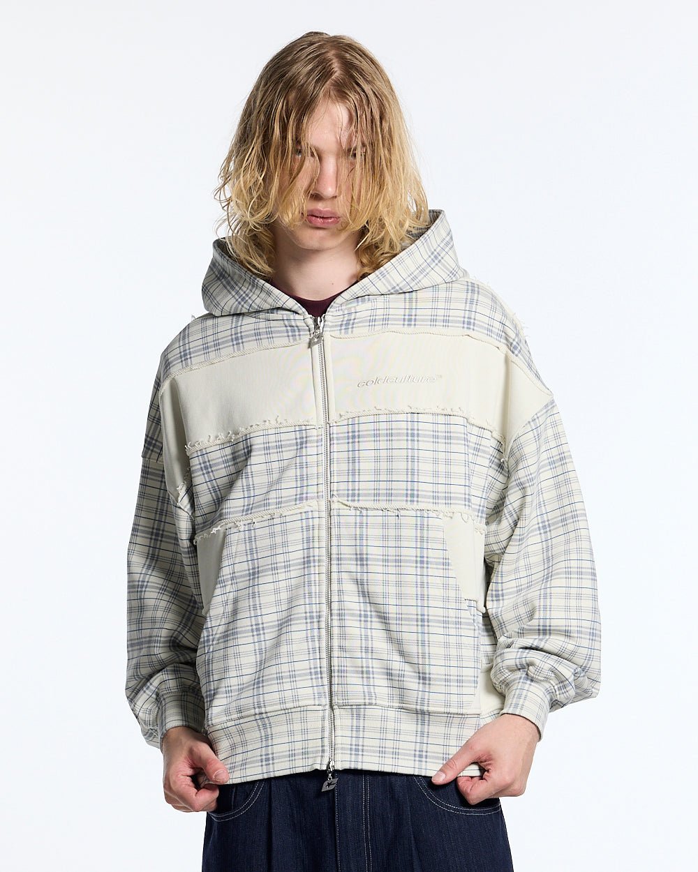 RIPPED ZIP HOODIE WHITE - off-white plaid zip-up hoodie, front view on male model - Cold Culture #man