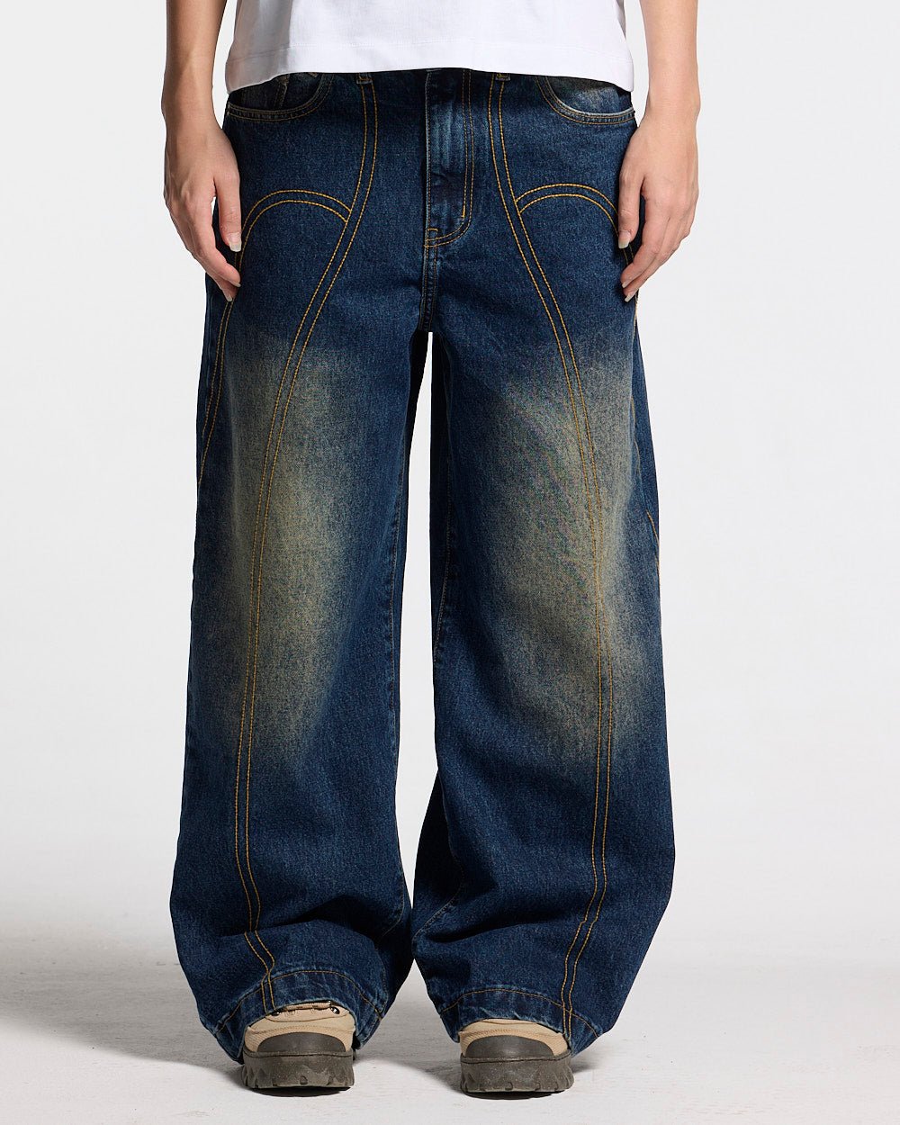 ROCKSTAR V2 PANTS DENIM - washed blue denim pants, front view on female model - Cold Culture #woman