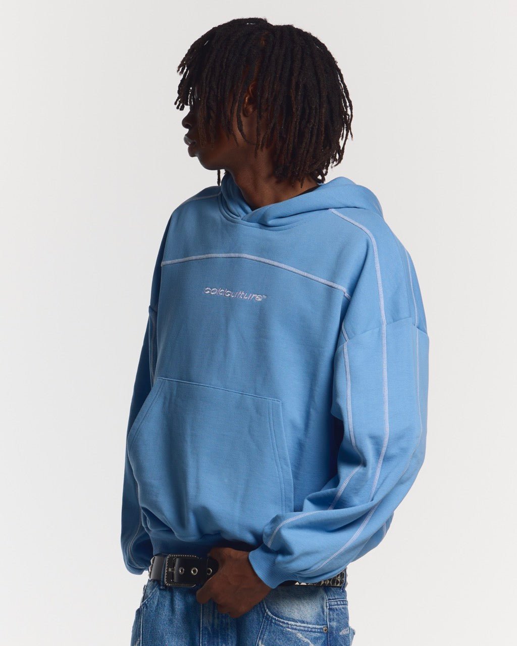 ROLLER HOODIE BLUE - blue oversized hoodie, front view on male model - Cold Culture #man
