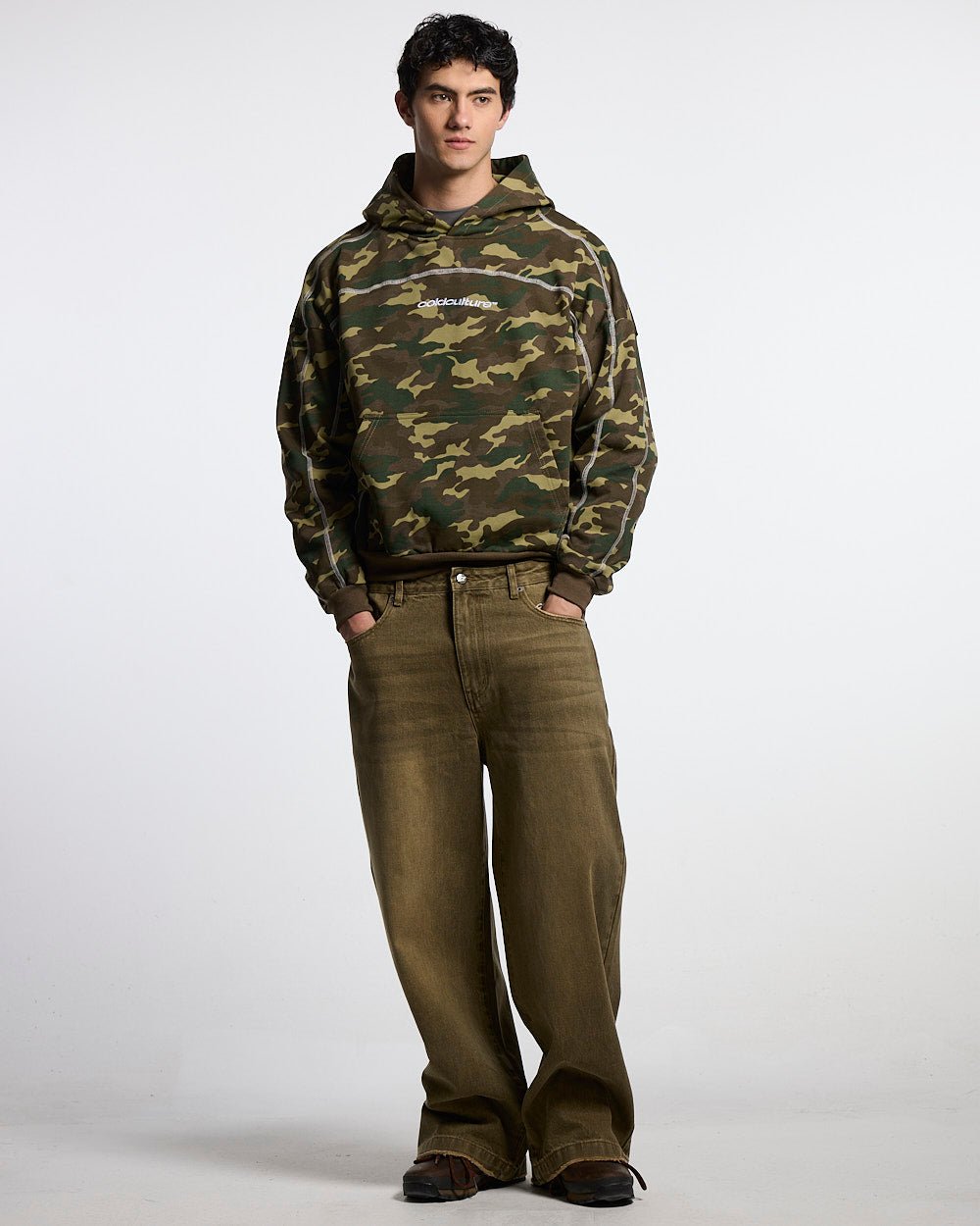ROLLER HOODIE CAMO GREEN - green camo hoodie, front view on male model - Cold Culture #man