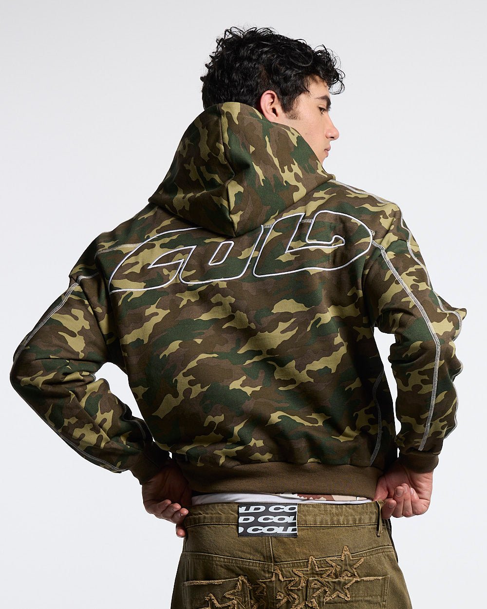 ROLLER HOODIE CAMO GREEN - green camo hoodie, back view on male model - Cold Culture