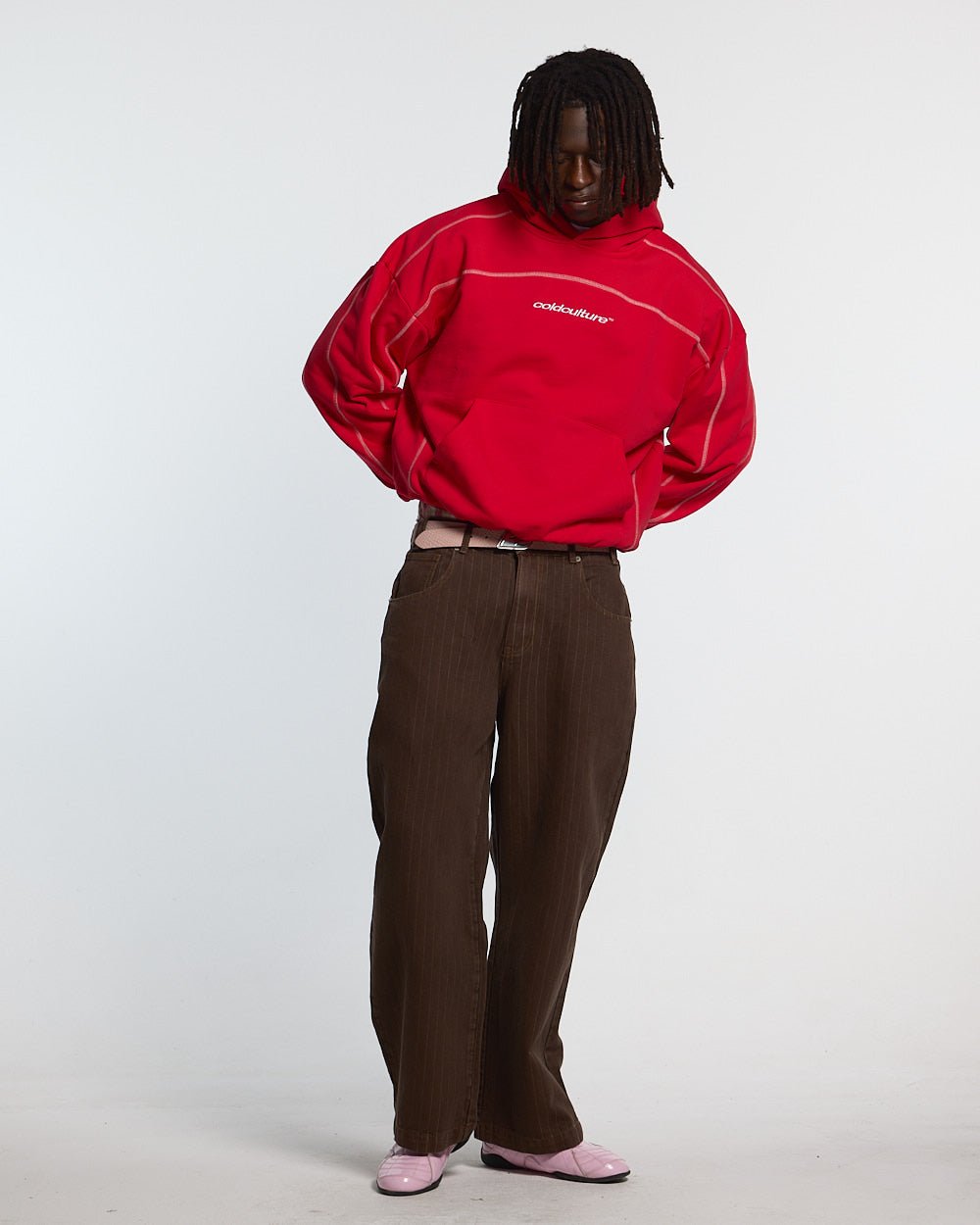 ROLLER HOODIE RED - red contrast stitch hoodie, front view on male model - Cold Culture #man