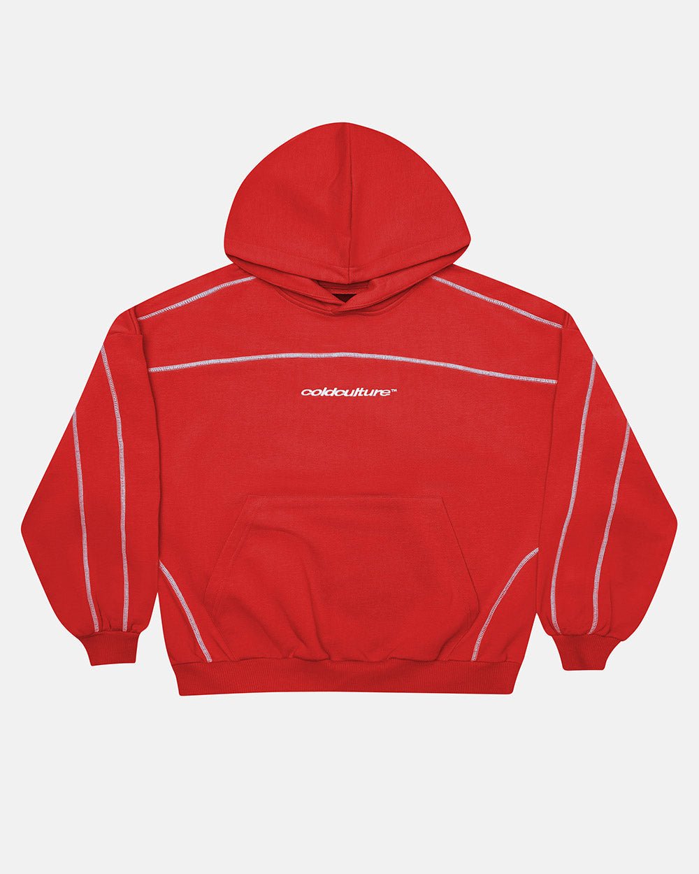 ROLLER HOODIE RED - red contrast stitch hoodie, front view - Cold Culture #packshot